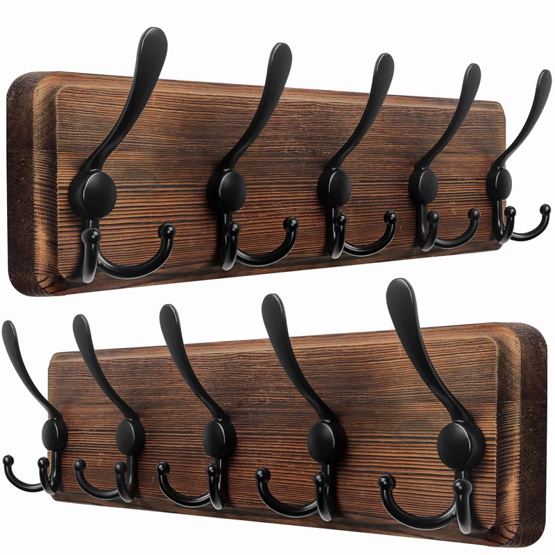 Dseap Coat Rack Wall Mounted - 5 Tri Hooks, Heavy Duty, Wooden Wall Coat Hanger Coat Hook for Clothes Hat Jacket Clothing, Natural & Black, 2 Packs - Image 1